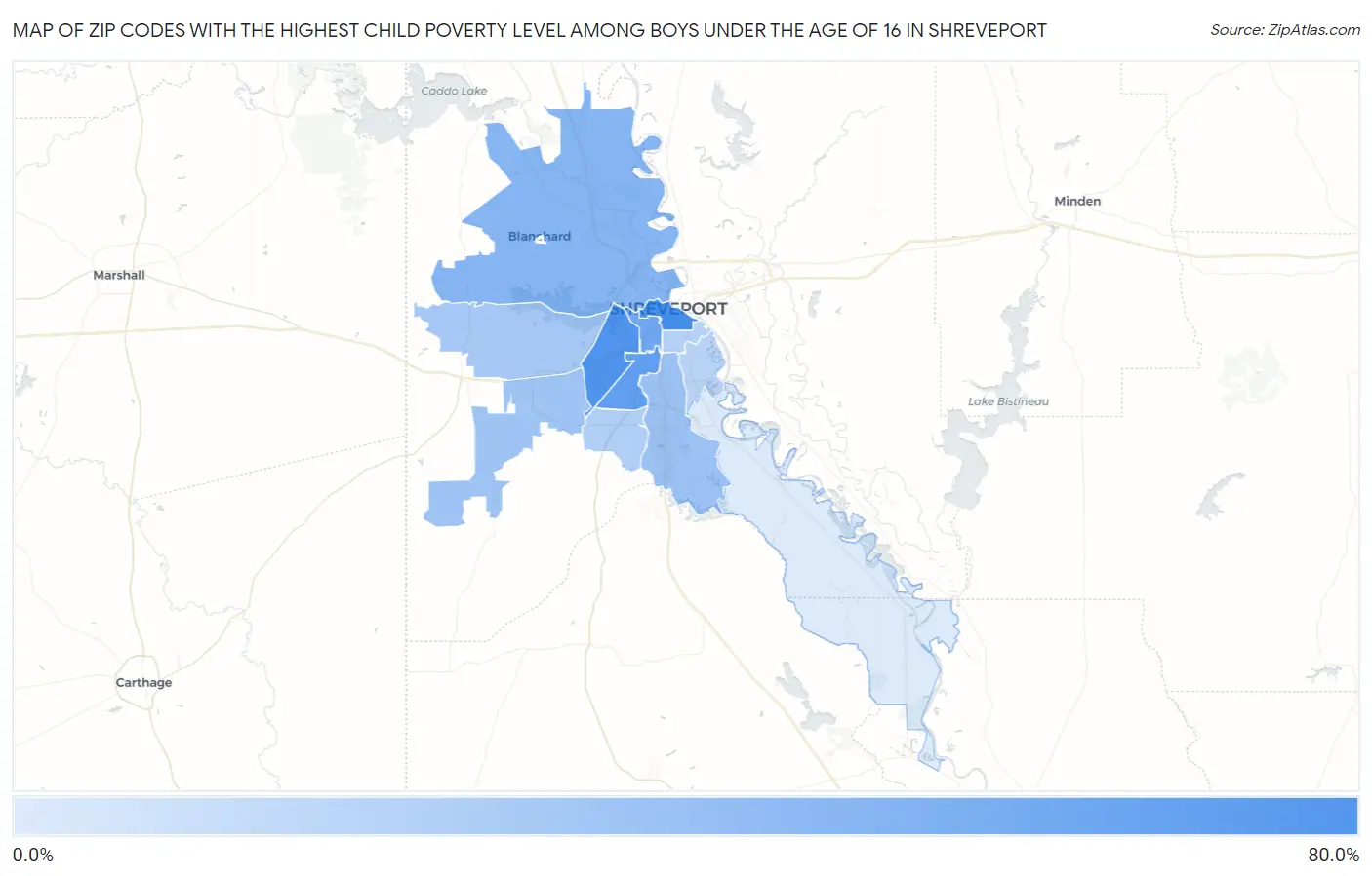 Zip Codes with the Highest Child Poverty Level Among Boys Under the Age of 16 in Shreveport Map