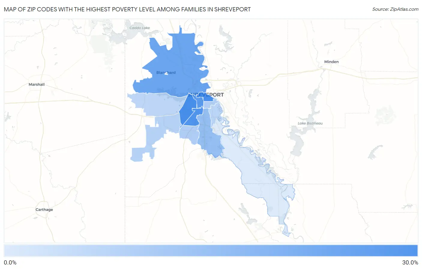 Zip Codes with the Highest Poverty Level Among Families in Shreveport Map