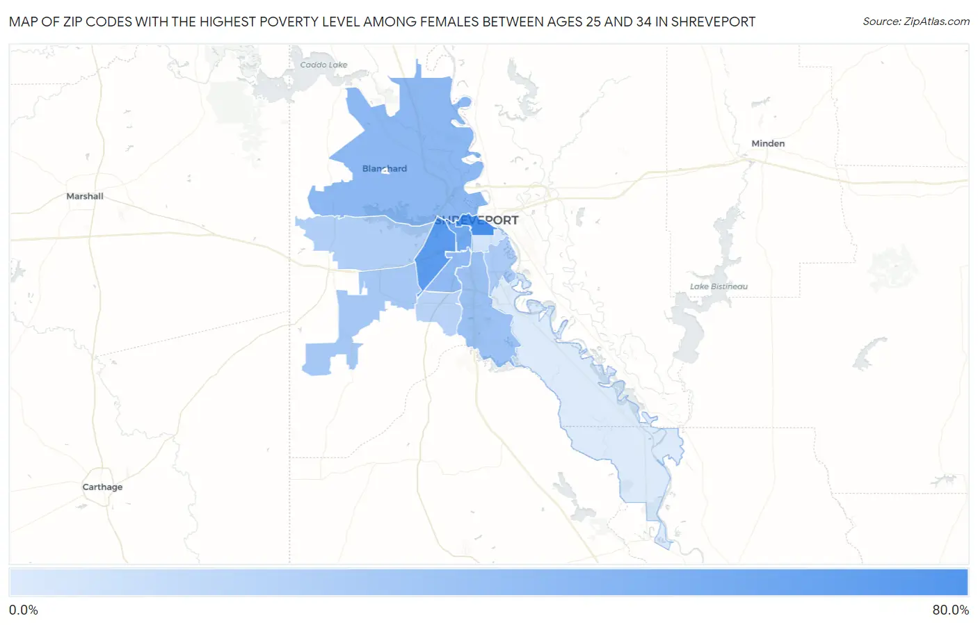 Zip Codes with the Highest Poverty Level Among Females Between Ages 25 and 34 in Shreveport Map