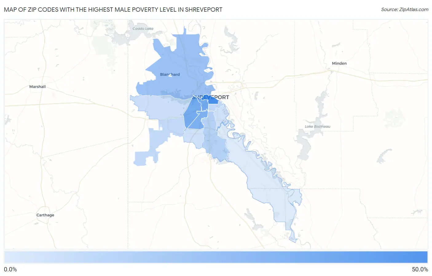 Zip Codes with the Highest Male Poverty Level in Shreveport Map