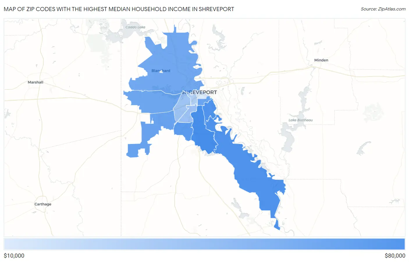 Zip Codes with the Highest Median Household Income in Shreveport Map
