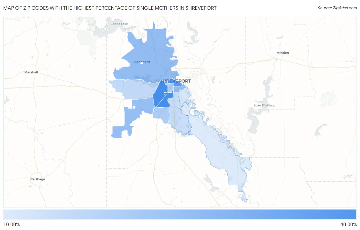 Zip Codes with the Highest Percentage of Single Mothers in Shreveport Map