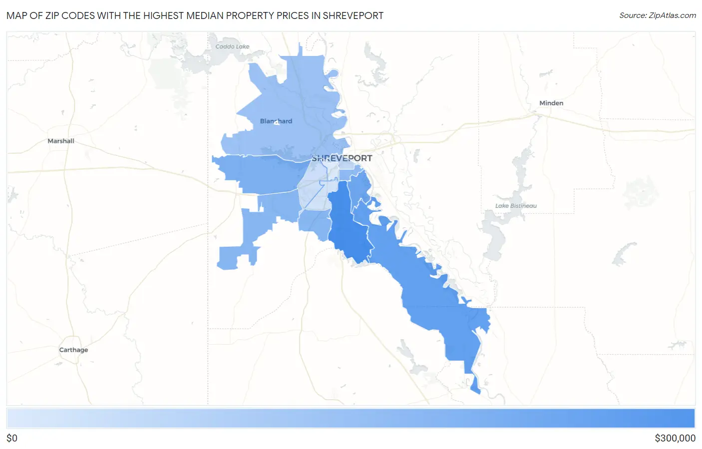 Zip Codes with the Highest Median Property Prices in Shreveport Map