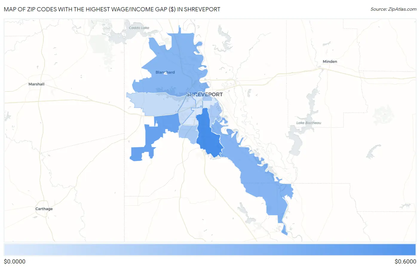 Zip Codes with the Highest Wage/Income Gap ($) in Shreveport Map