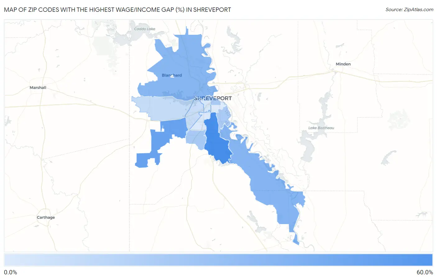 Zip Codes with the Highest Wage/Income Gap (%) in Shreveport Map