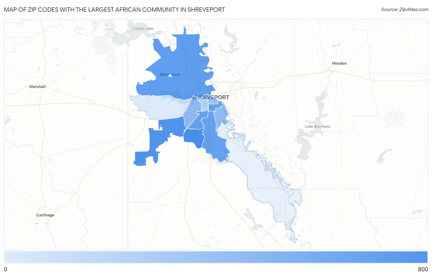 Zip Codes with the Largest African Community in Shreveport Map