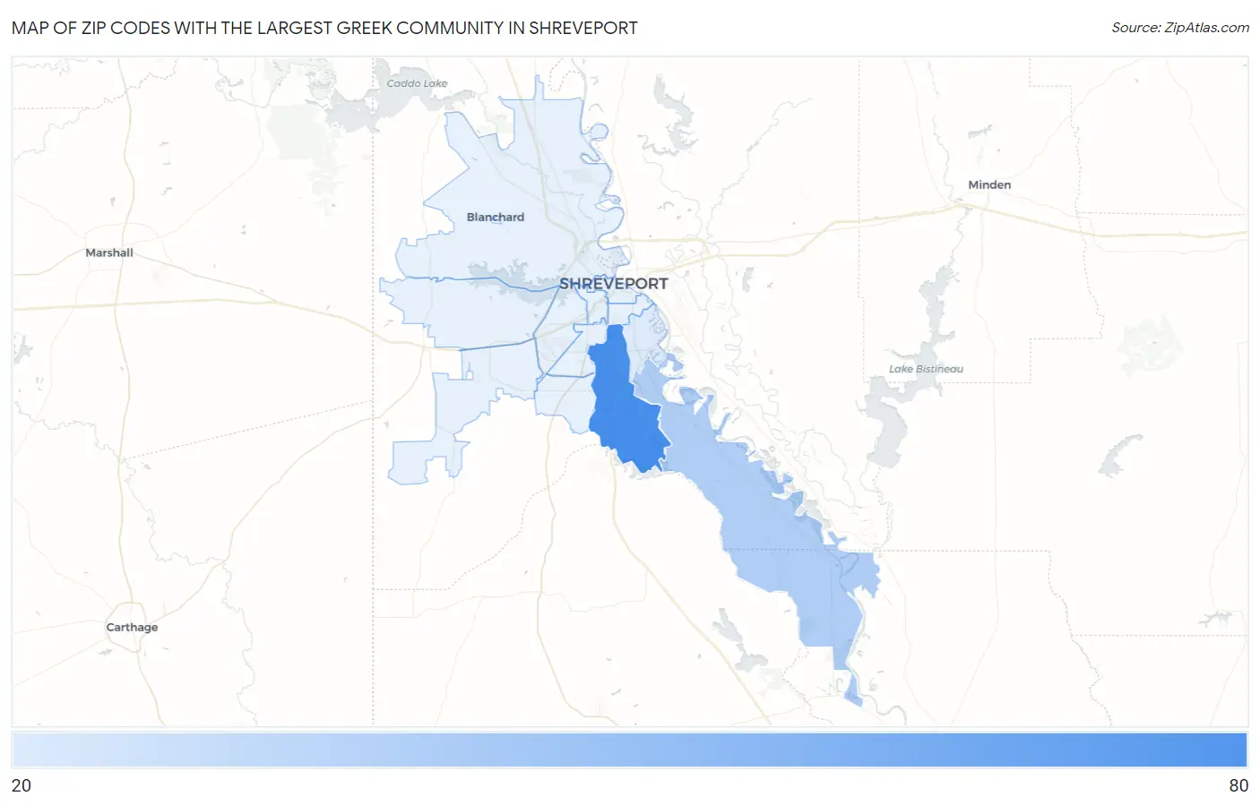 Zip Codes with the Largest Greek Community in Shreveport Map