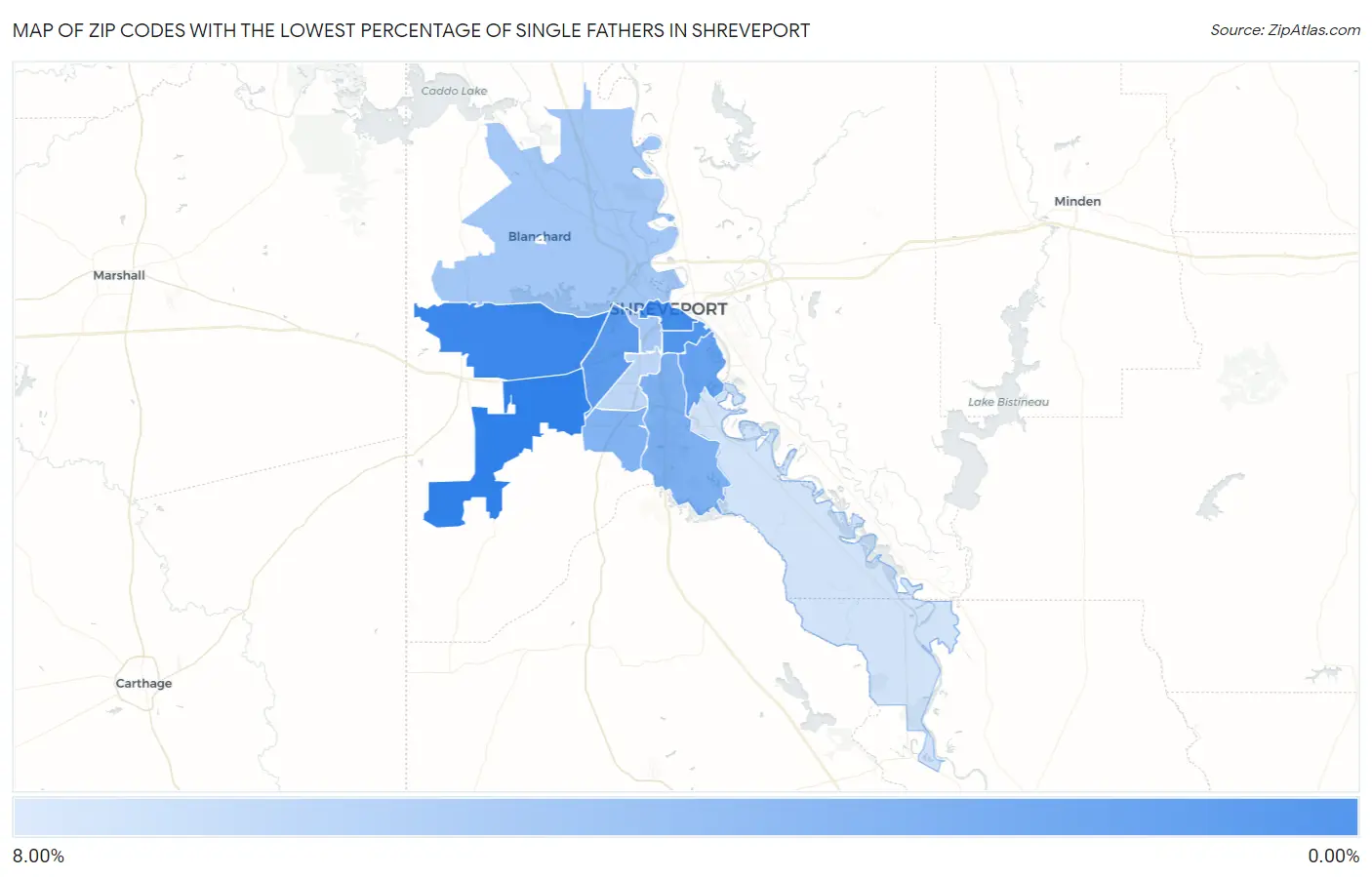 Zip Codes with the Lowest Percentage of Single Fathers in Shreveport Map