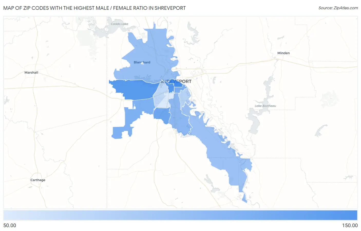Zip Codes with the Highest Male / Female Ratio in Shreveport Map