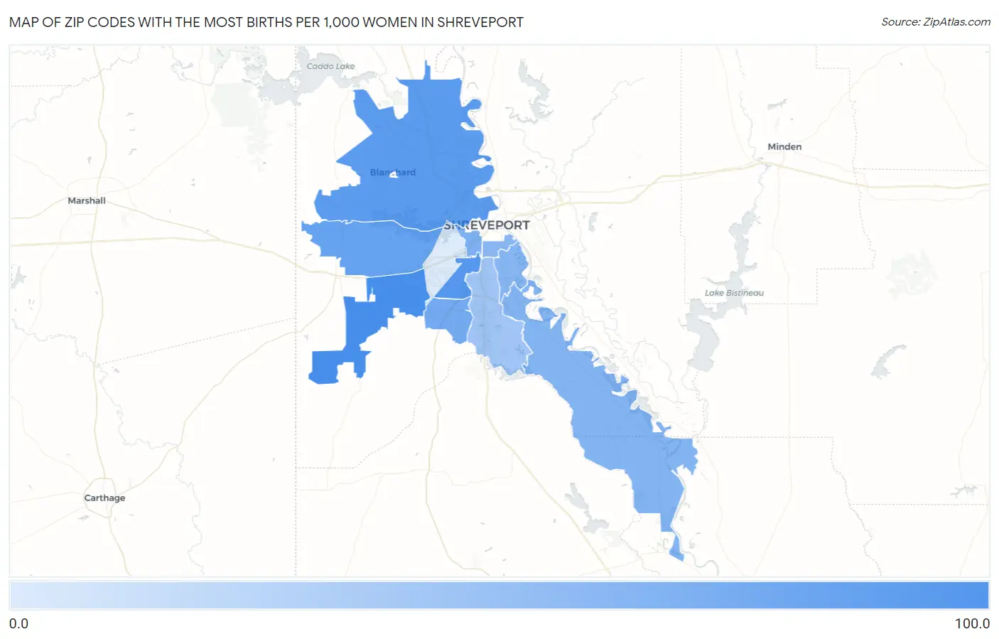 Zip Codes with the Most Births per 1,000 Women in Shreveport Map