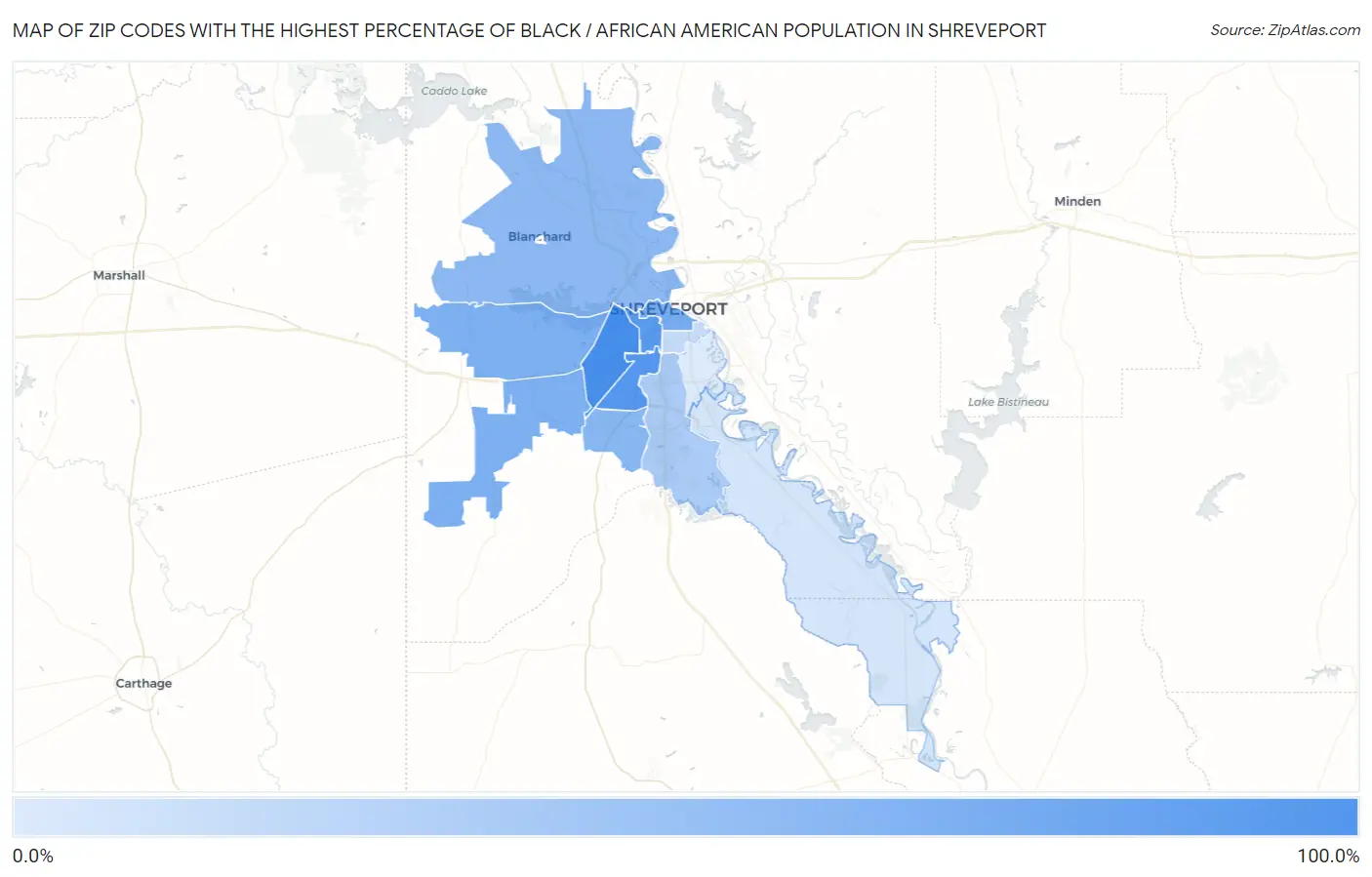 Zip Codes with the Highest Percentage of Black / African American Population in Shreveport Map