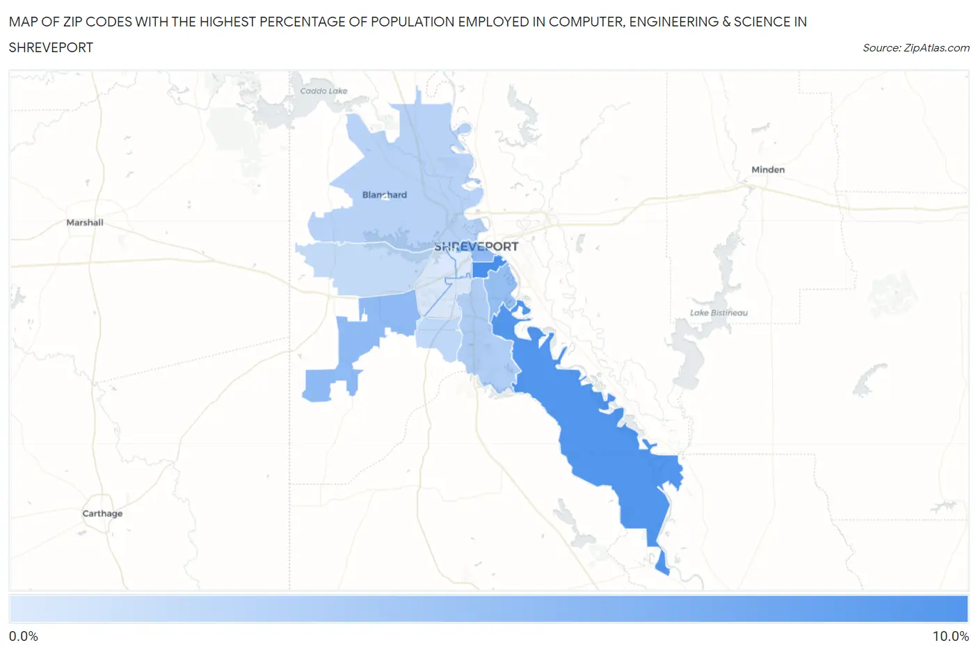 Zip Codes with the Highest Percentage of Population Employed in Computer, Engineering & Science in Shreveport Map