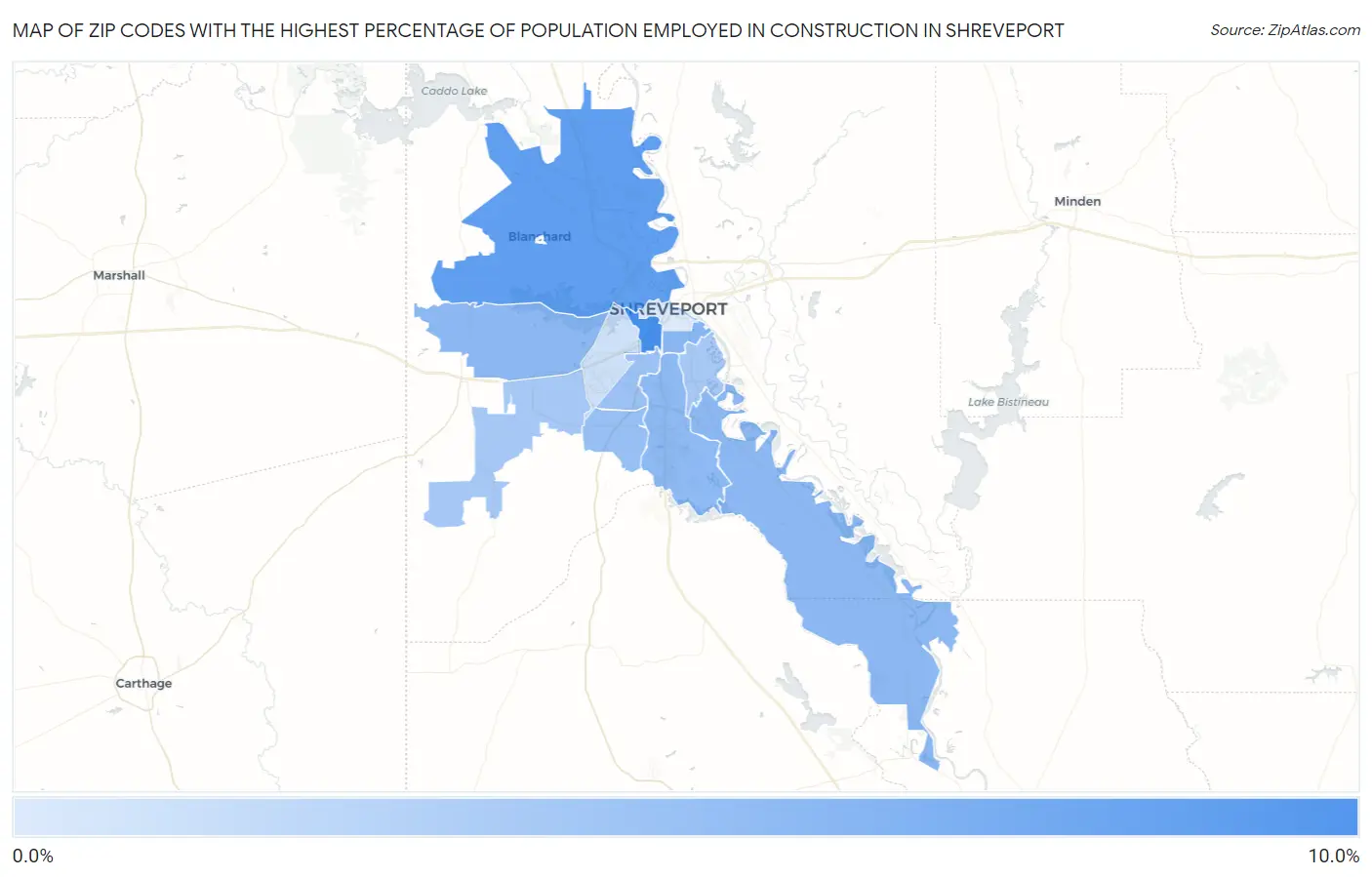 Zip Codes with the Highest Percentage of Population Employed in Construction in Shreveport Map