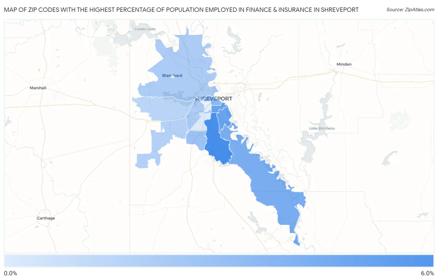 Zip Codes with the Highest Percentage of Population Employed in Finance & Insurance in Shreveport Map