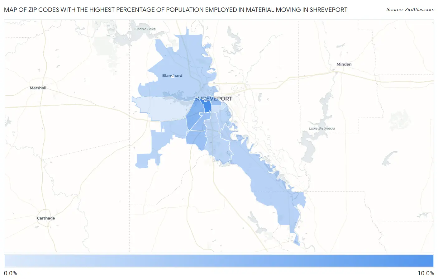 Zip Codes with the Highest Percentage of Population Employed in Material Moving in Shreveport Map