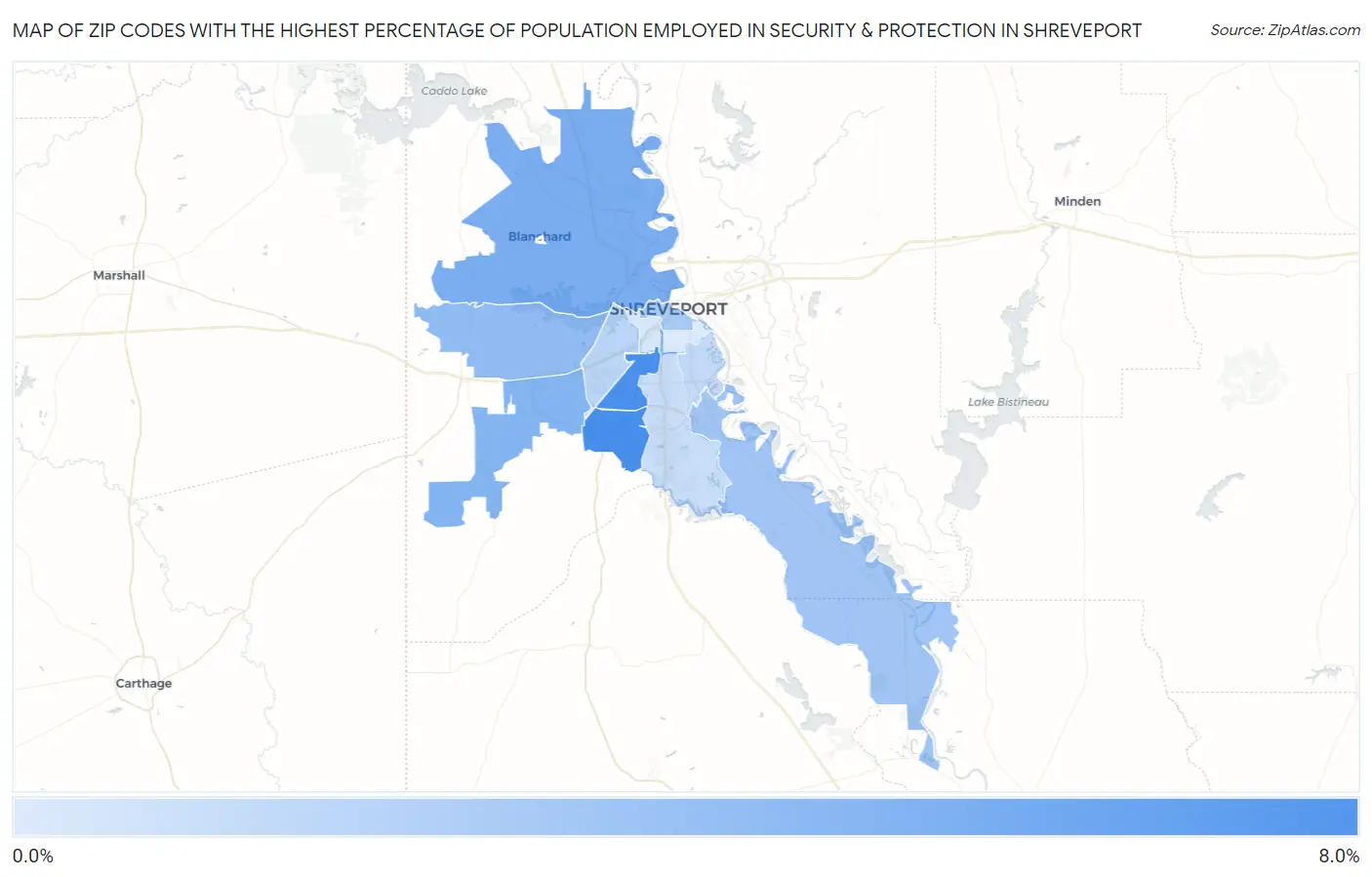 Zip Codes with the Highest Percentage of Population Employed in Security & Protection in Shreveport Map