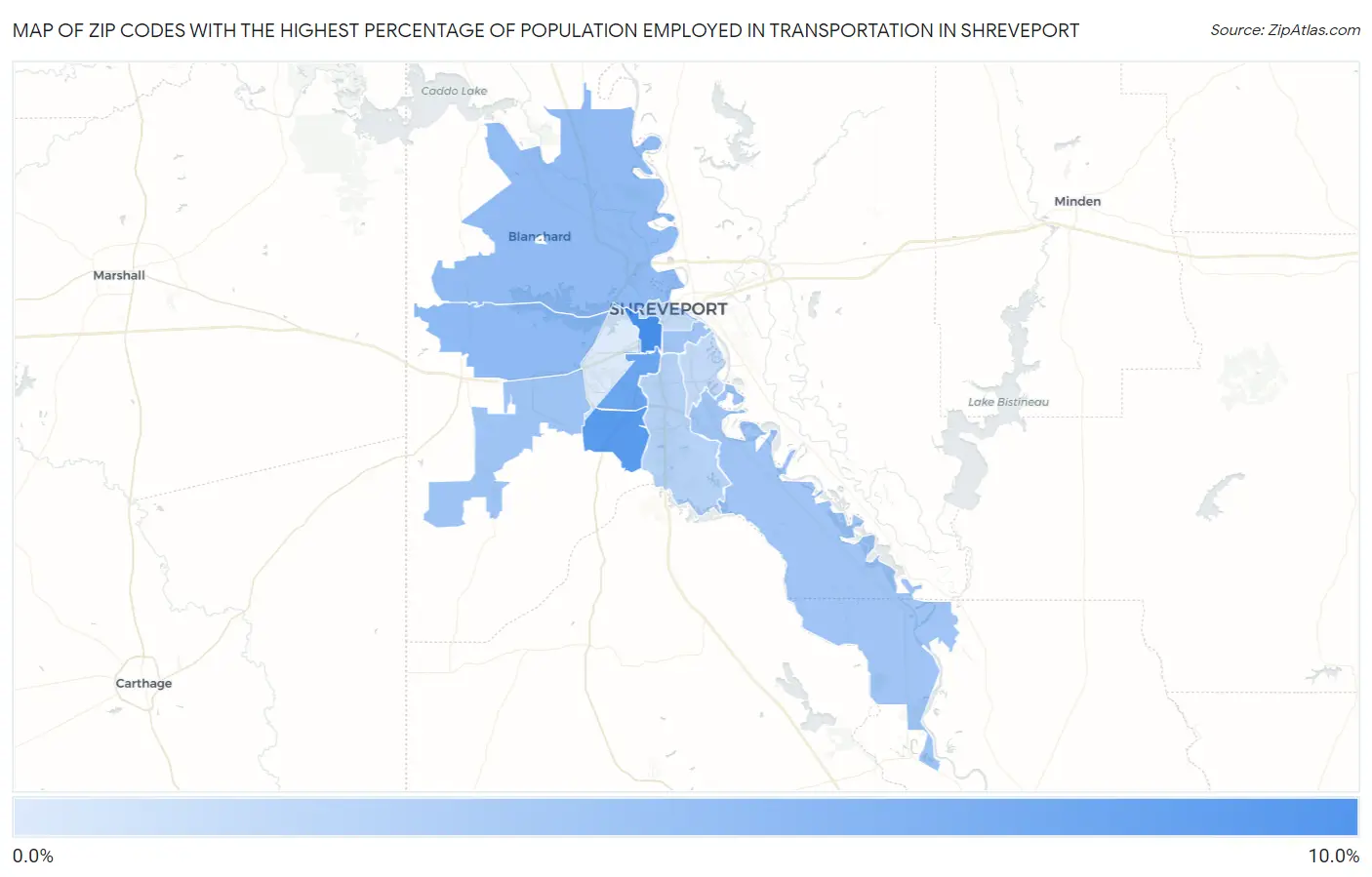Zip Codes with the Highest Percentage of Population Employed in Transportation in Shreveport Map