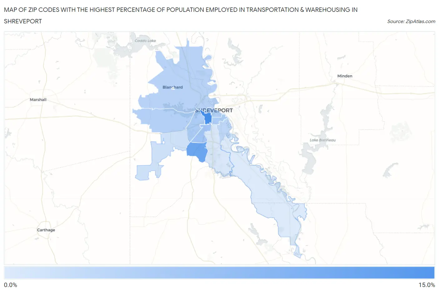 Zip Codes with the Highest Percentage of Population Employed in Transportation & Warehousing in Shreveport Map