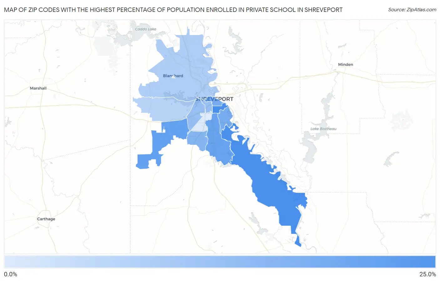 Zip Codes with the Highest Percentage of Population Enrolled in Private School in Shreveport Map