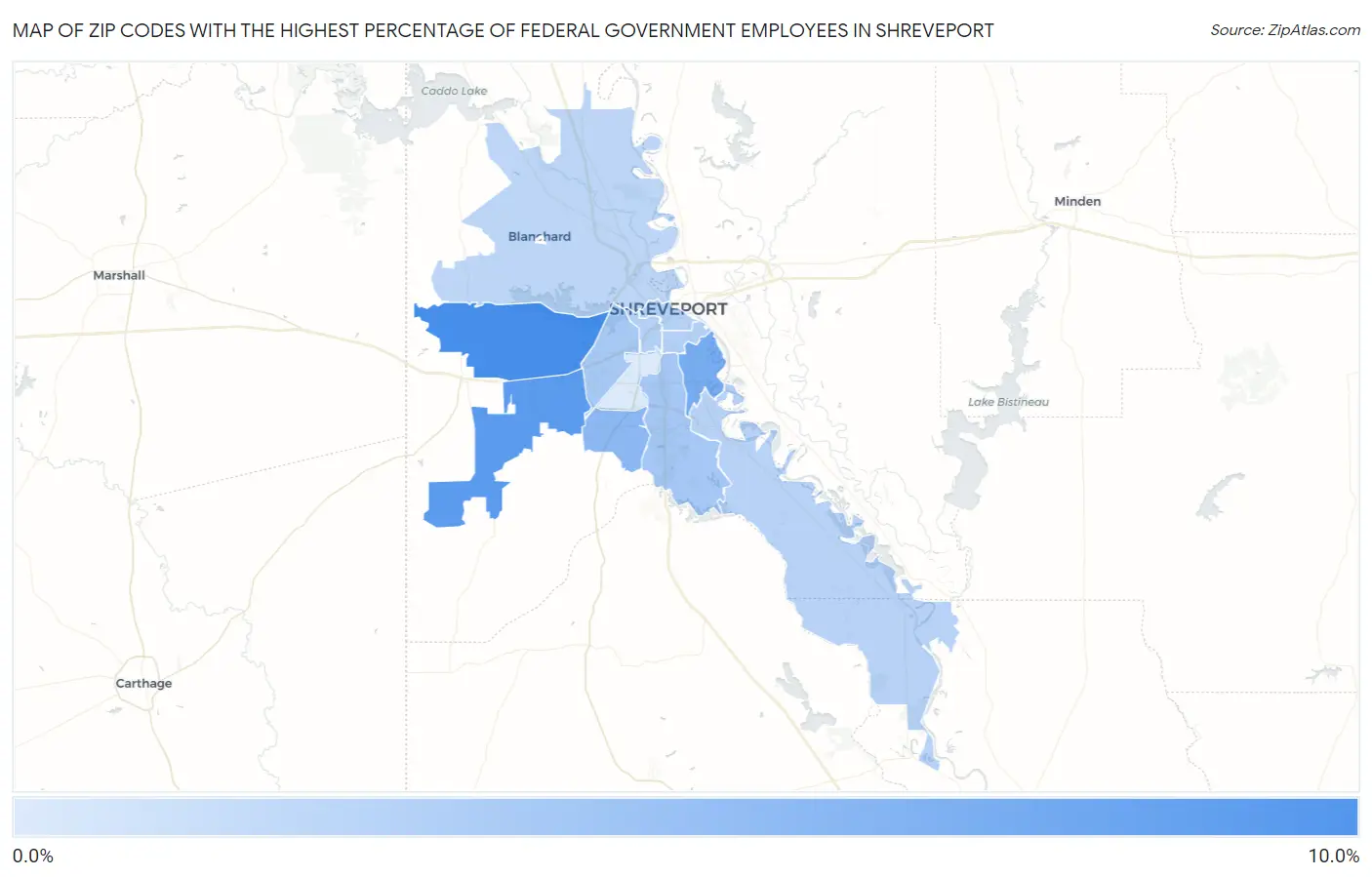 Zip Codes with the Highest Percentage of Federal Government Employees in Shreveport Map