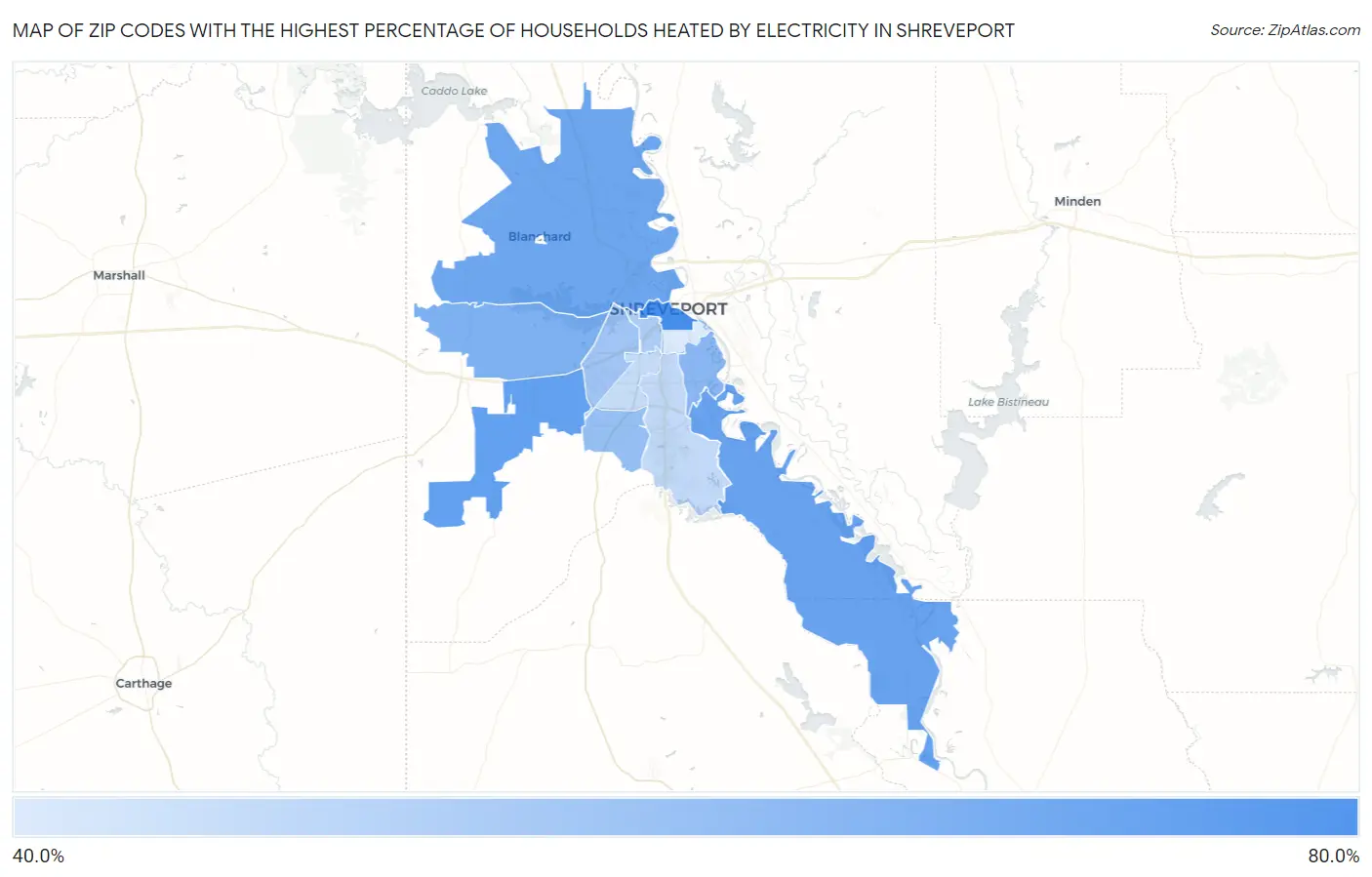 Zip Codes with the Highest Percentage of Households Heated by Electricity in Shreveport Map