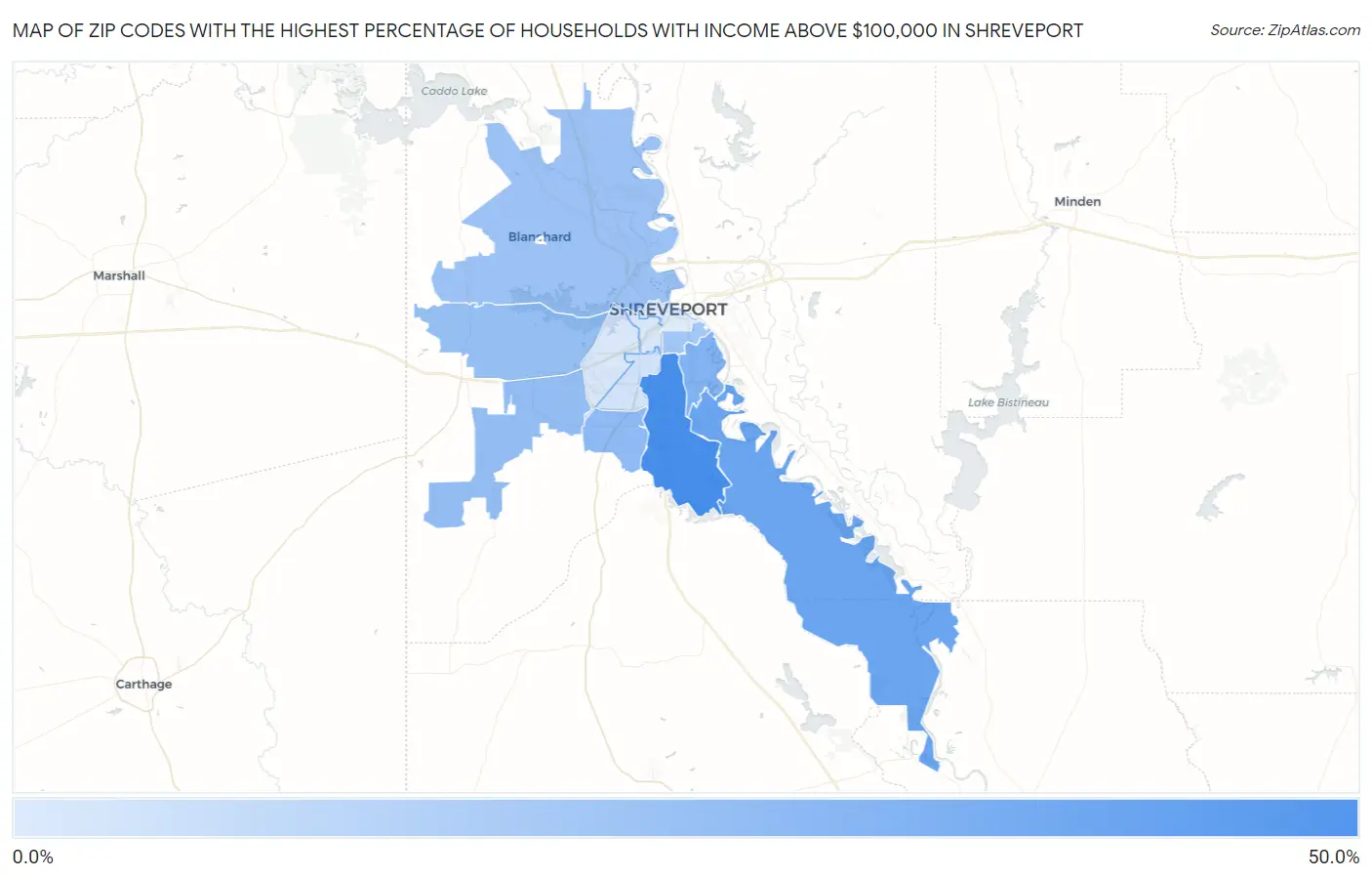 Zip Codes with the Highest Percentage of Households with Income Above $100,000 in Shreveport Map