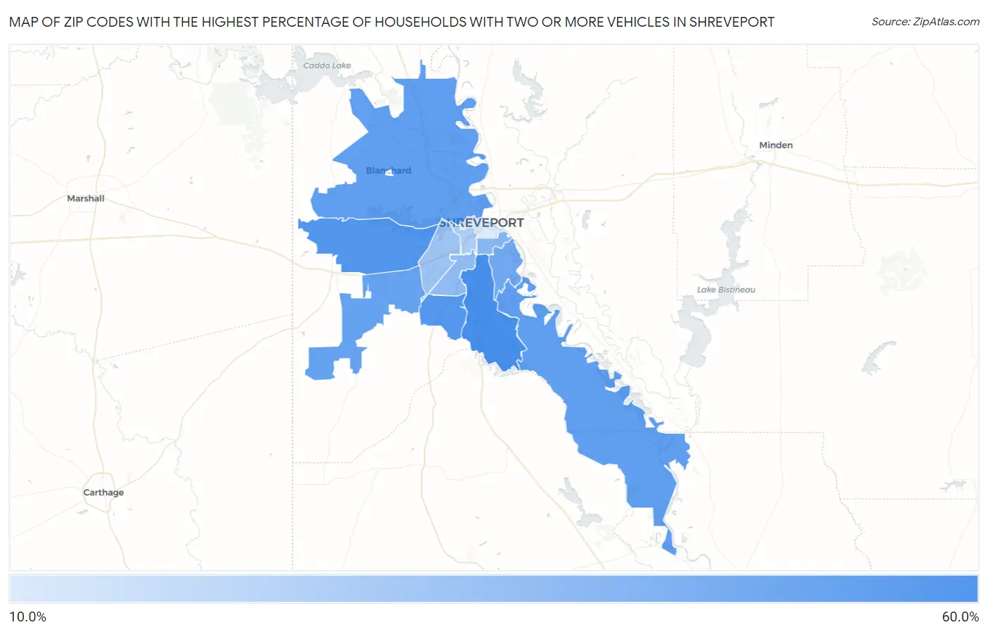 Zip Codes with the Highest Percentage of Households With Two or more Vehicles in Shreveport Map