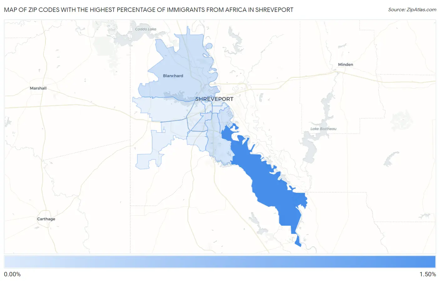 Zip Codes with the Highest Percentage of Immigrants from Africa in Shreveport Map