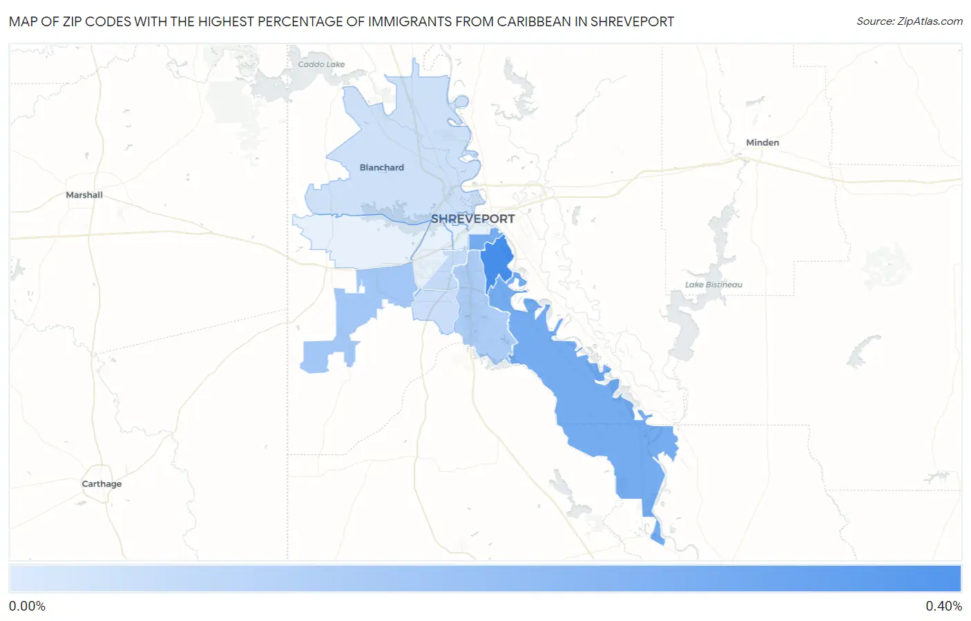 Zip Codes with the Highest Percentage of Immigrants from Caribbean in Shreveport Map