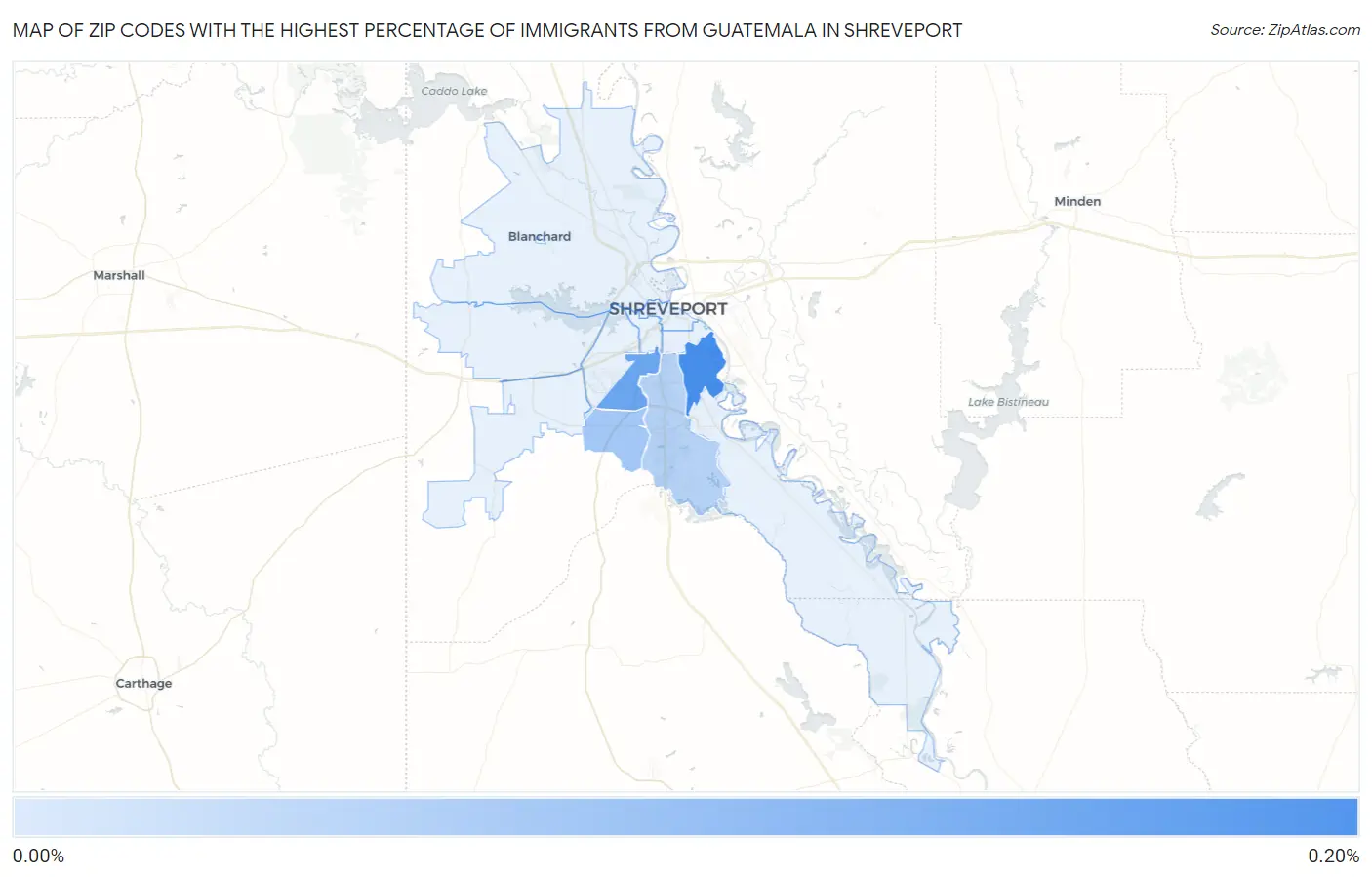Zip Codes with the Highest Percentage of Immigrants from Guatemala in Shreveport Map