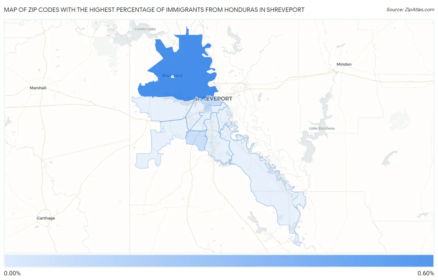 Zip Codes with the Highest Percentage of Immigrants from Honduras in Shreveport Map