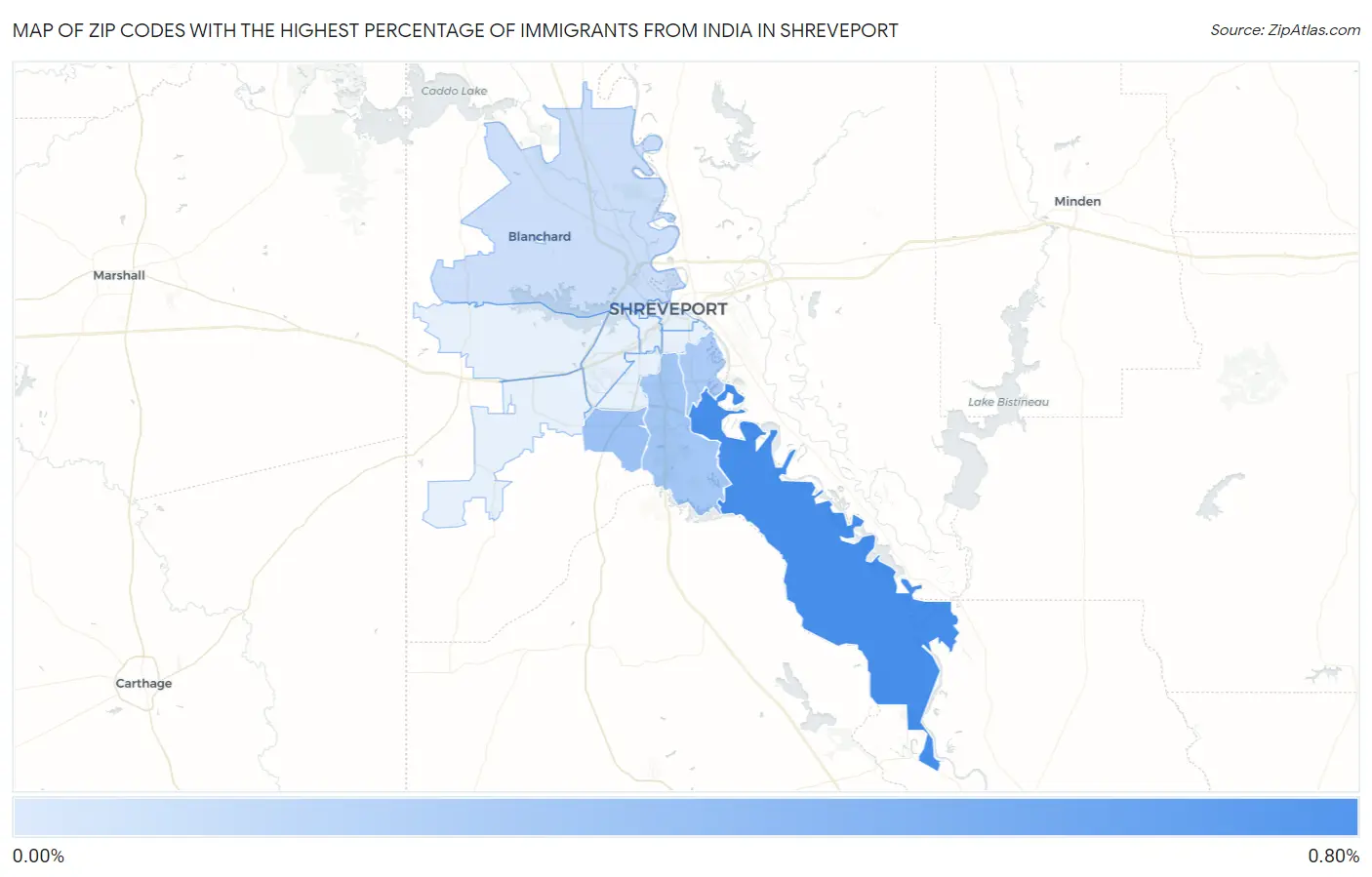 Zip Codes with the Highest Percentage of Immigrants from India in Shreveport Map