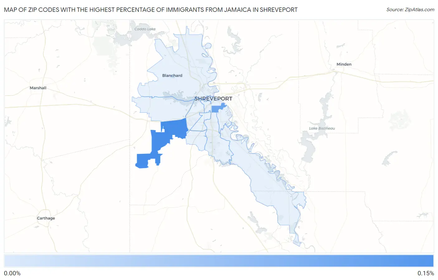 Zip Codes with the Highest Percentage of Immigrants from Jamaica in Shreveport Map