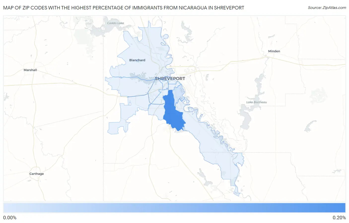 Zip Codes with the Highest Percentage of Immigrants from Nicaragua in Shreveport Map