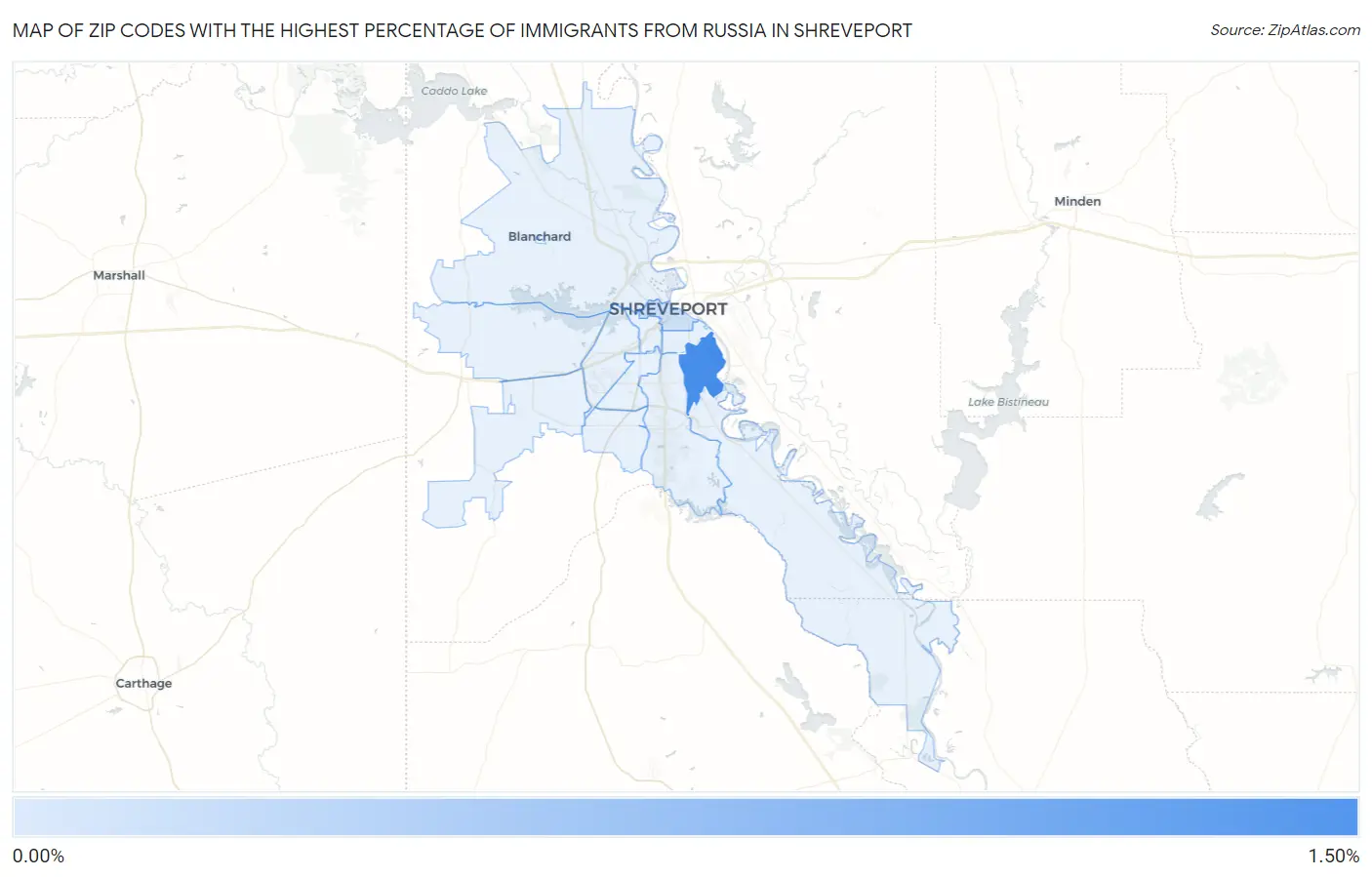 Zip Codes with the Highest Percentage of Immigrants from Russia in Shreveport Map