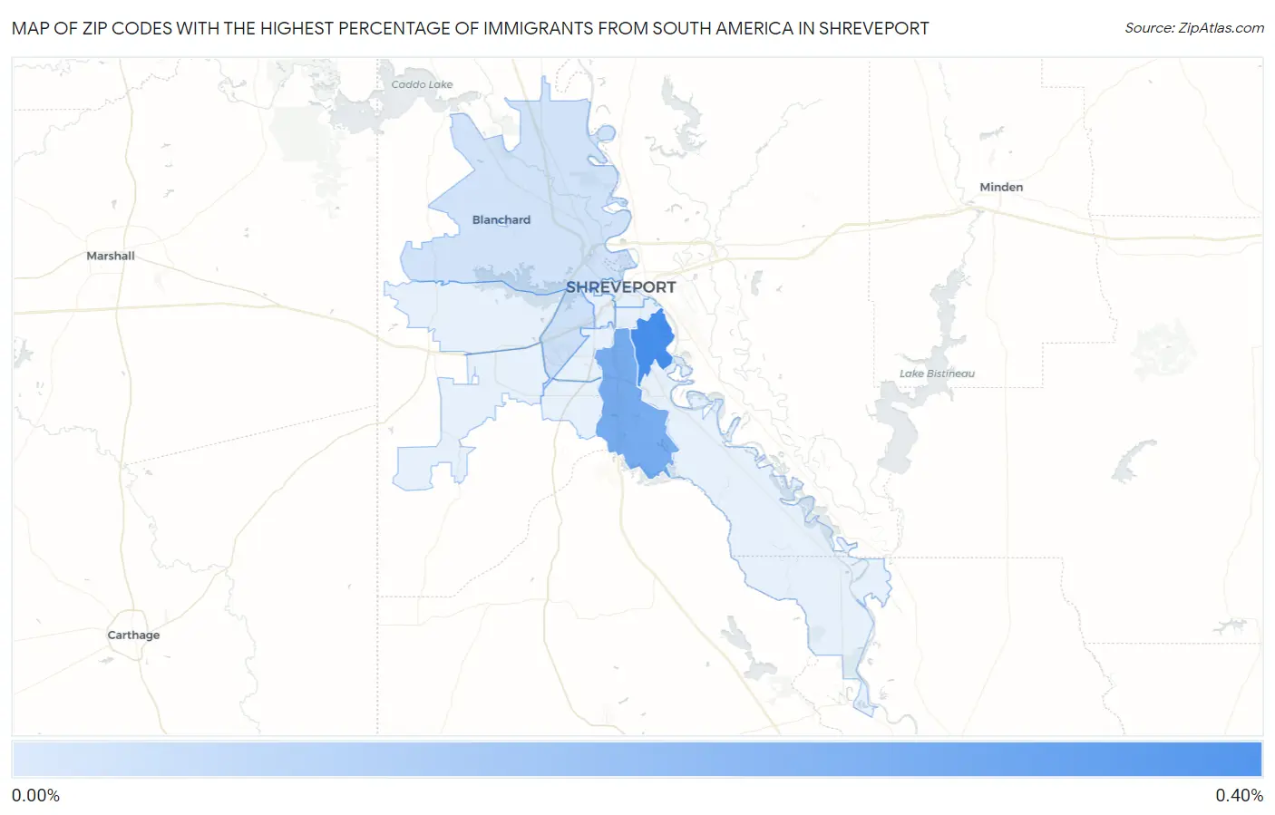Zip Codes with the Highest Percentage of Immigrants from South America in Shreveport Map
