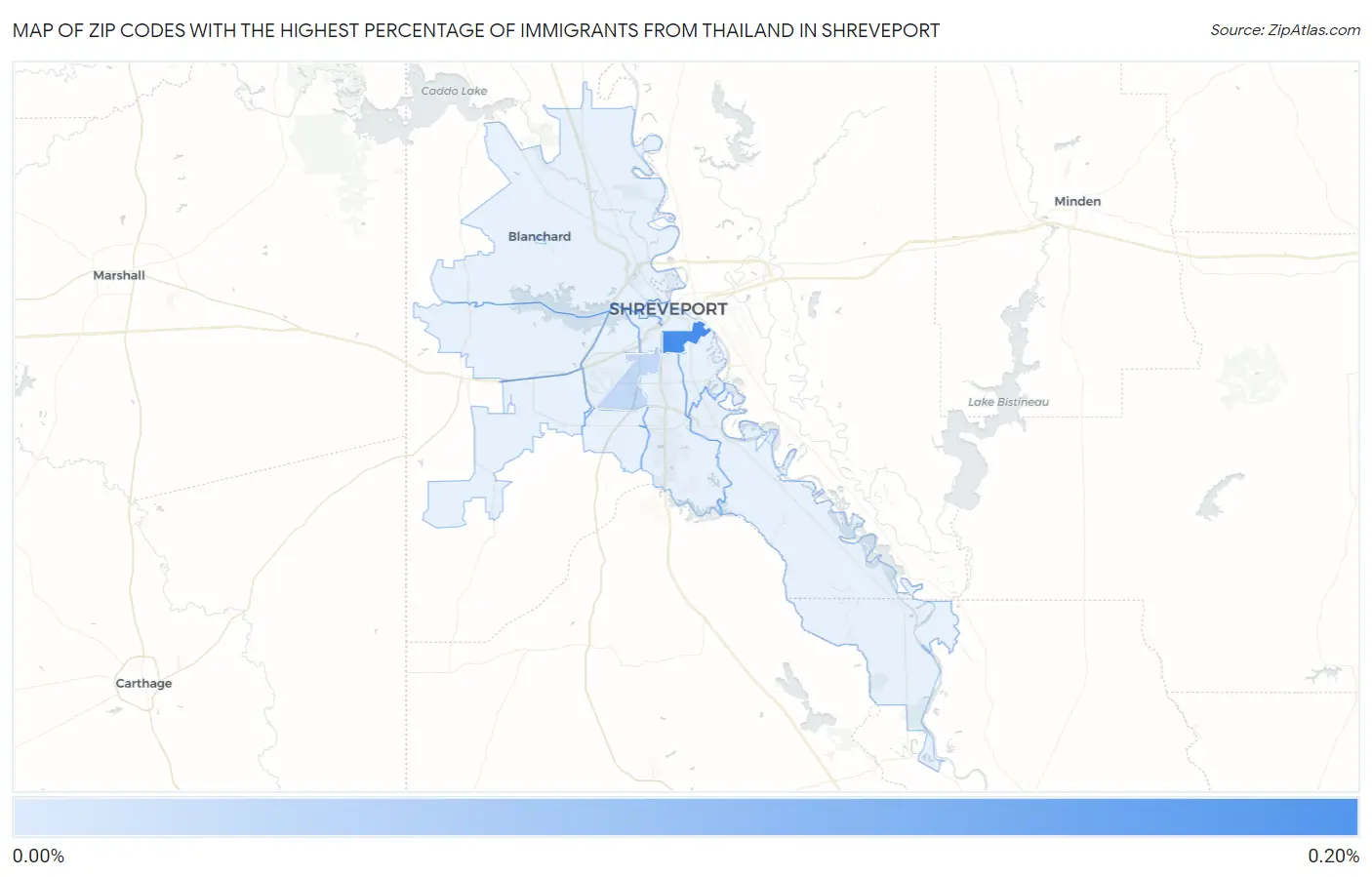 Zip Codes with the Highest Percentage of Immigrants from Thailand in Shreveport Map