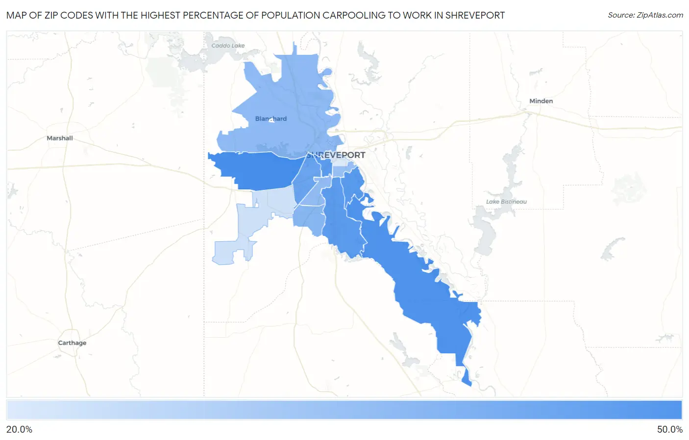 Zip Codes with the Highest Percentage of Population Carpooling to Work in Shreveport Map