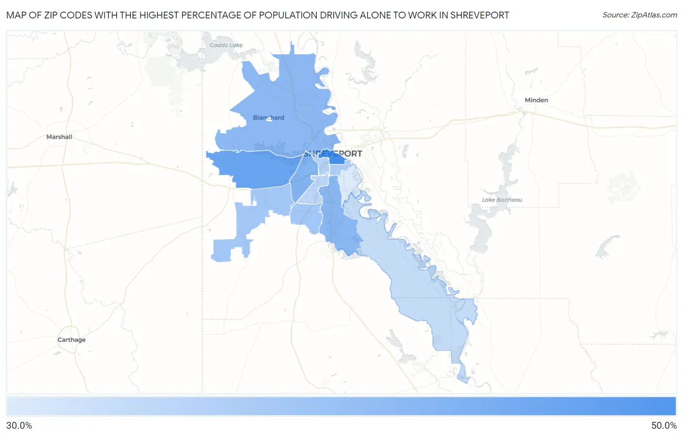 Zip Codes with the Highest Percentage of Population Driving Alone to Work in Shreveport Map