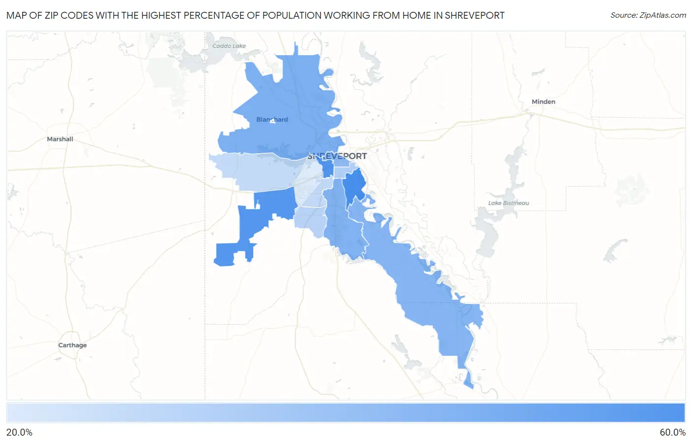 Zip Codes with the Highest Percentage of Population Working from Home in Shreveport Map