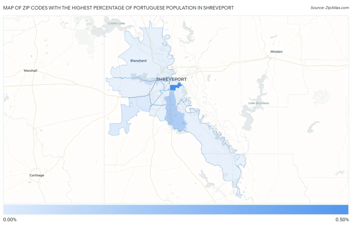 Zip Codes with the Highest Percentage of Portuguese Population in Shreveport Map