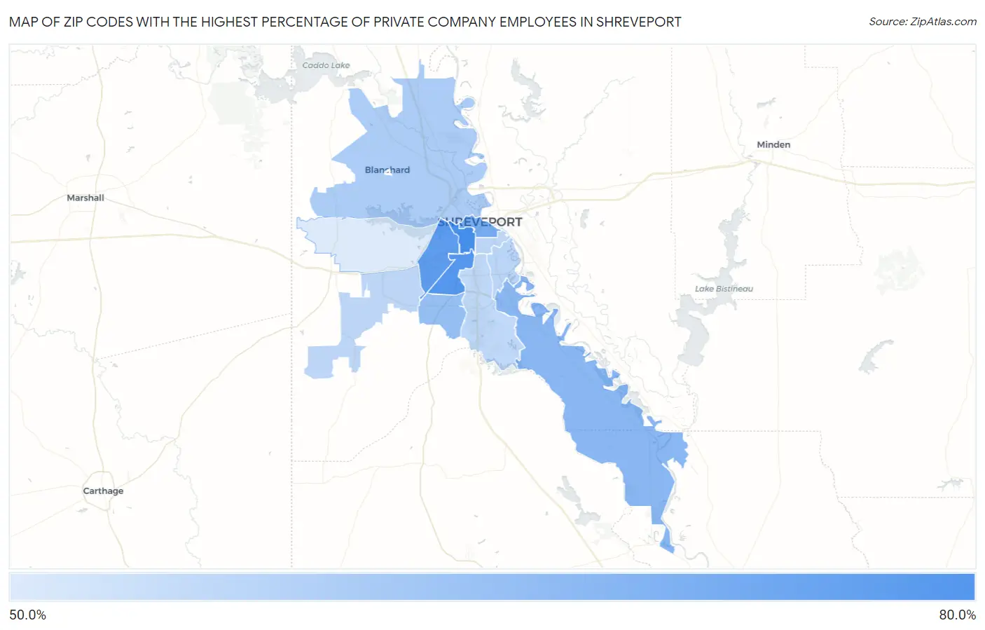 Zip Codes with the Highest Percentage of Private Company Employees in Shreveport Map