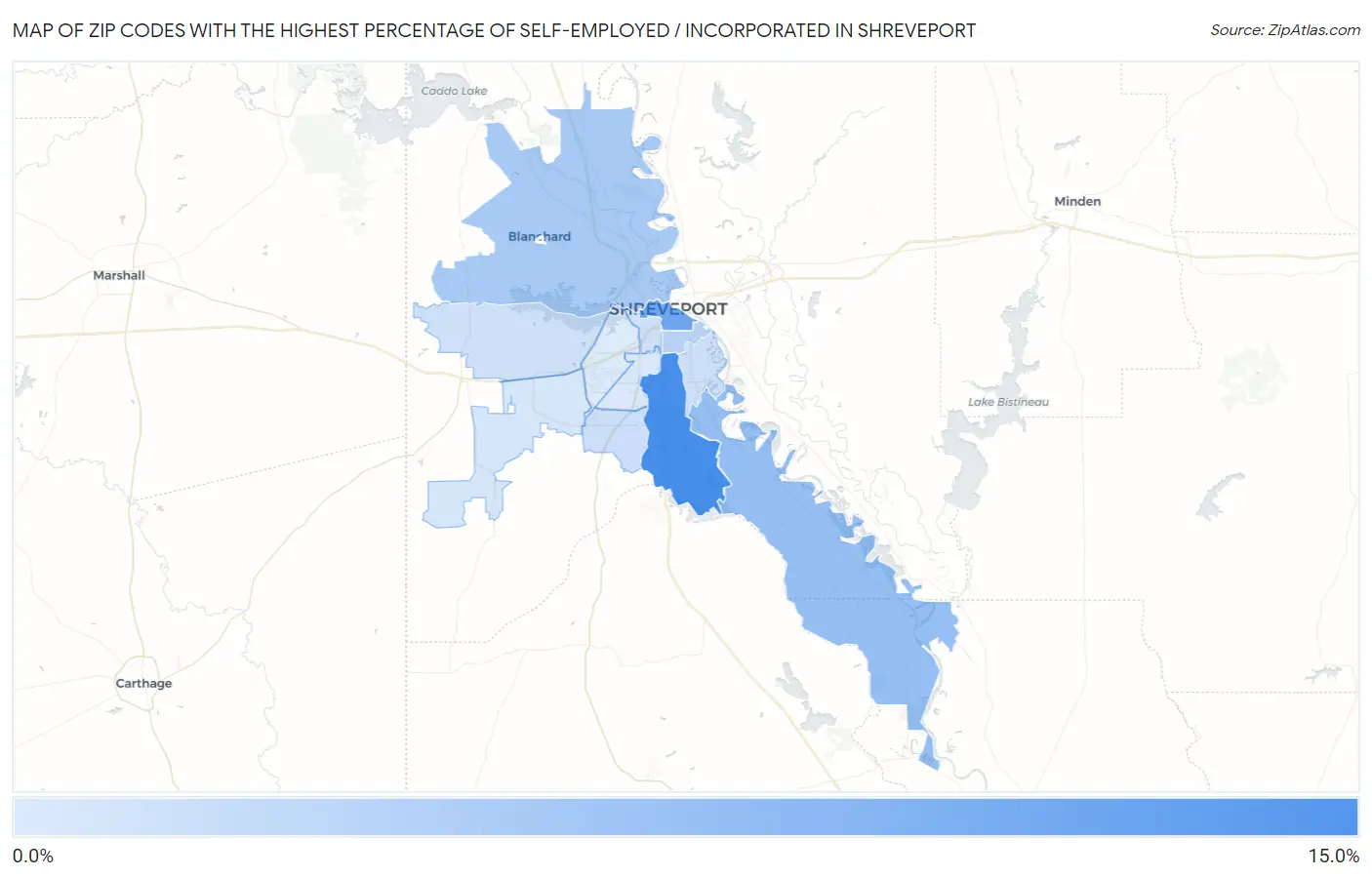 Zip Codes with the Highest Percentage of Self-Employed / Incorporated in Shreveport Map