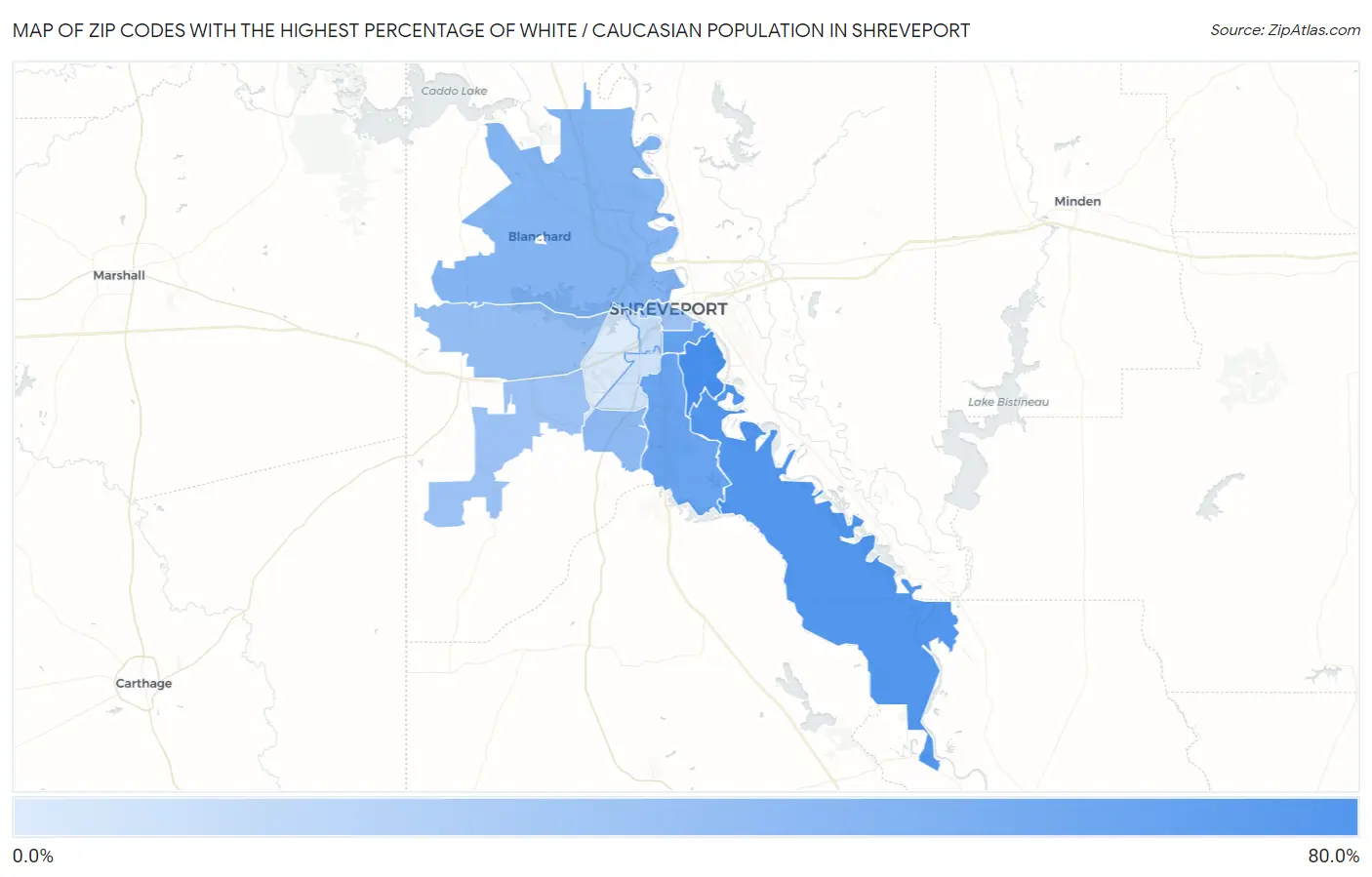 Zip Codes with the Highest Percentage of White / Caucasian Population in Shreveport Map