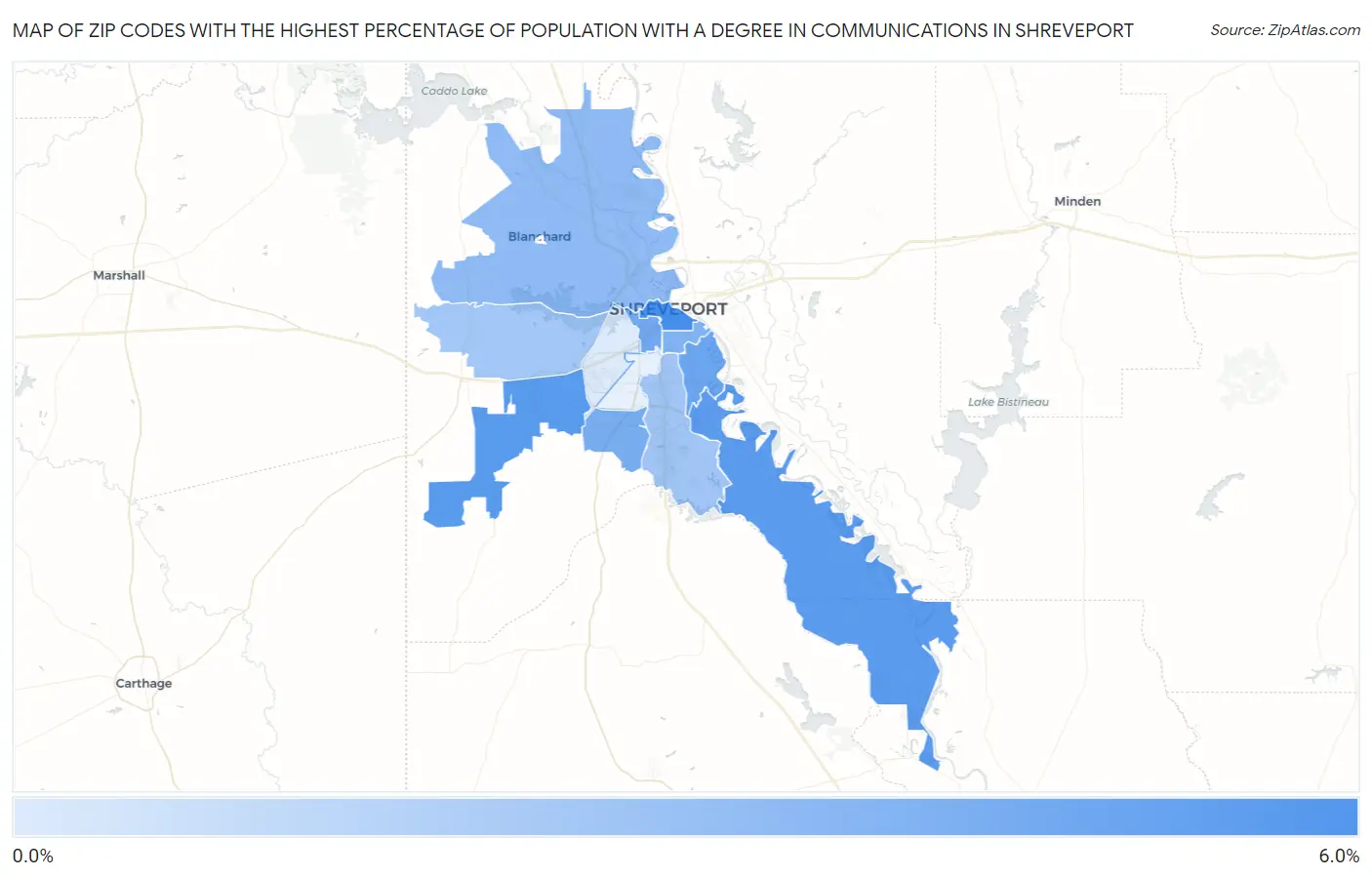 Zip Codes with the Highest Percentage of Population with a Degree in Communications in Shreveport Map