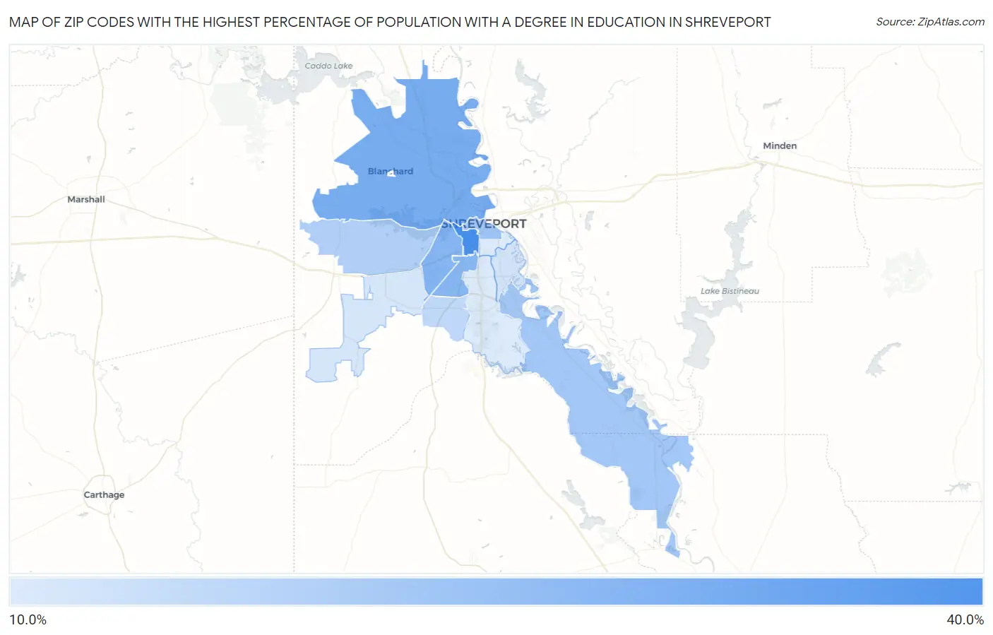Zip Codes with the Highest Percentage of Population with a Degree in Education in Shreveport Map