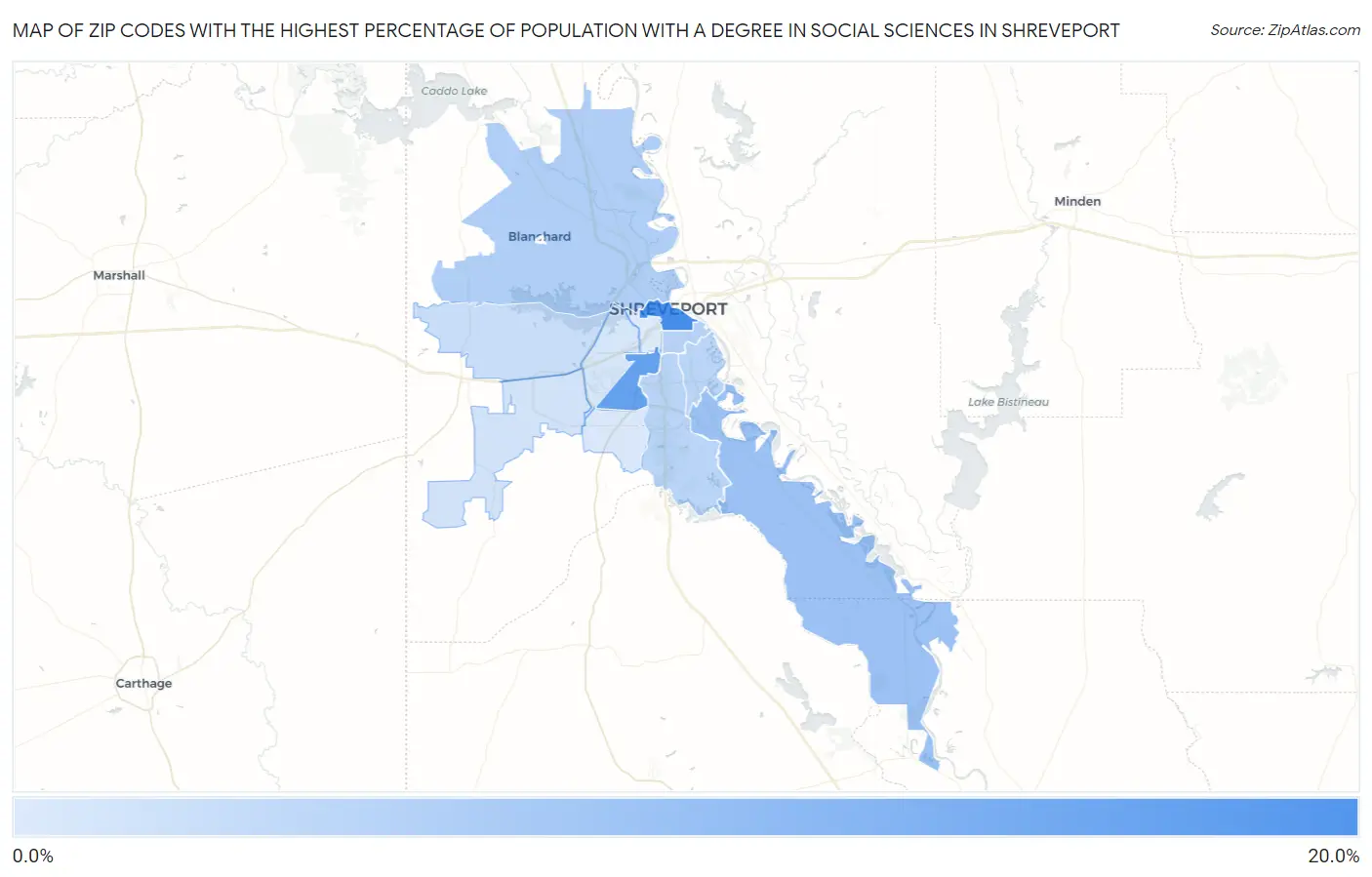 Zip Codes with the Highest Percentage of Population with a Degree in Social Sciences in Shreveport Map