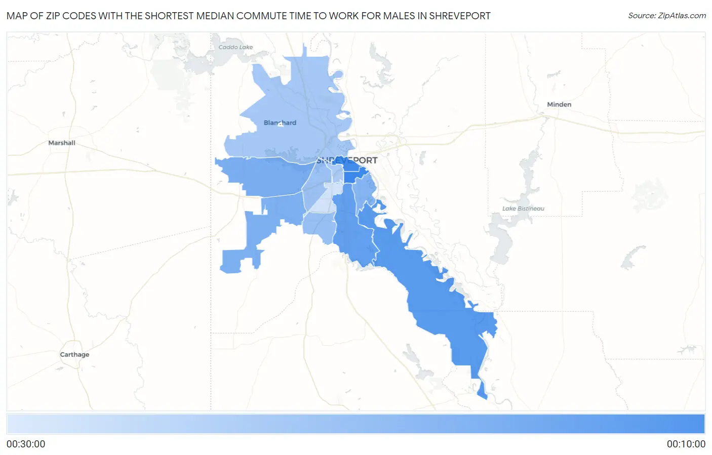 Zip Codes with the Shortest Median Commute Time to Work for Males in Shreveport Map