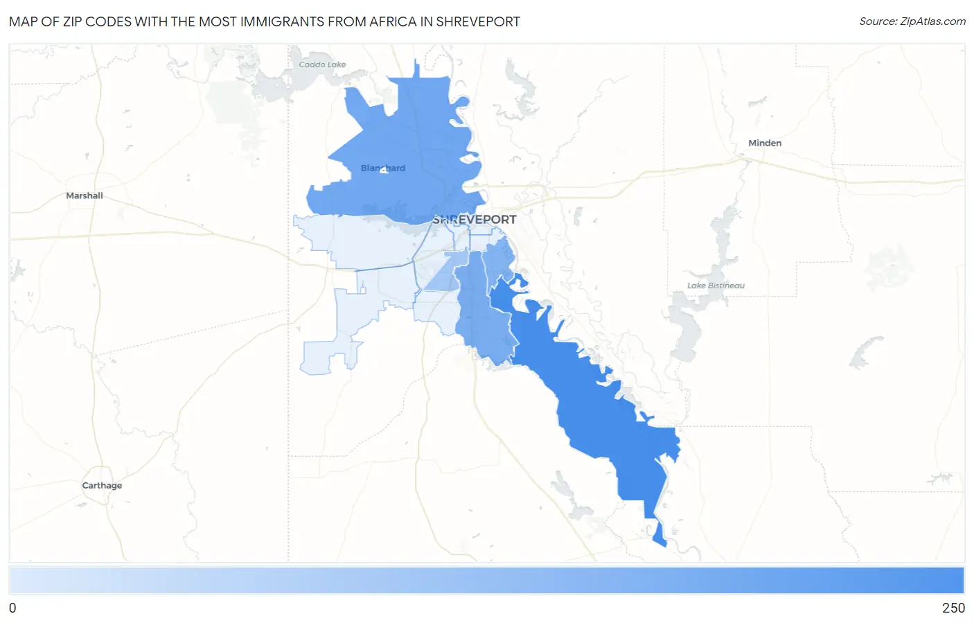 Zip Codes with the Most Immigrants from Africa in Shreveport Map