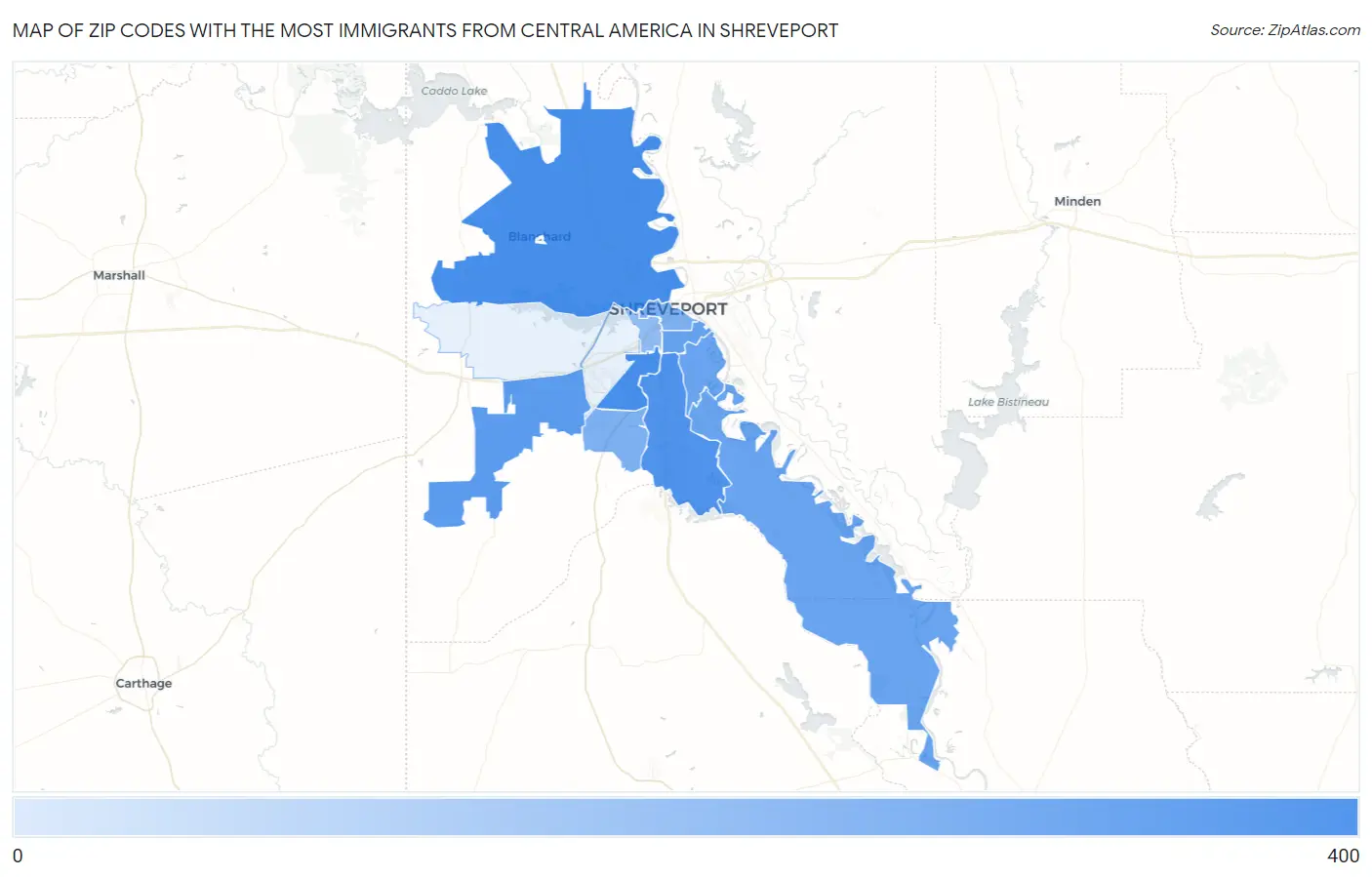 Zip Codes with the Most Immigrants from Central America in Shreveport Map